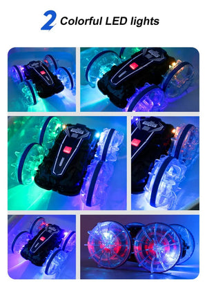Planet Gates New LED Amphibious RC car Dual remote control waterproof stunt car double side flip drift drive 360 ° rotation rc cars Kids toy