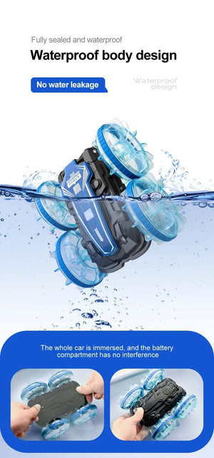 Planet Gates New LED Amphibious RC car Dual remote control waterproof stunt car double side flip drift drive 360 ° rotation rc cars Kids toy