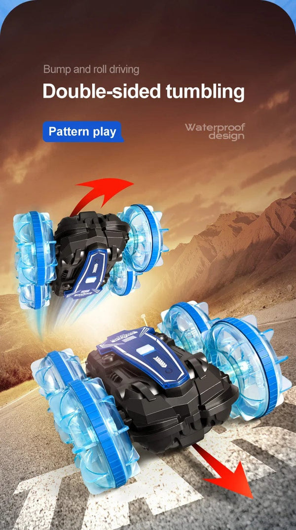 Planet Gates New LED Amphibious RC car Dual remote control waterproof stunt car double side flip drift drive 360 ° rotation rc cars Kids toy