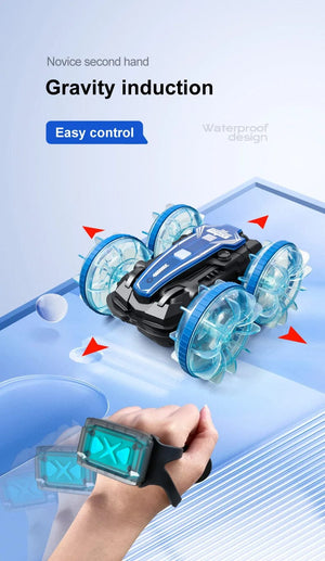 Planet Gates New LED Amphibious RC car Dual remote control waterproof stunt car double side flip drift drive 360 ° rotation rc cars Kids toy
