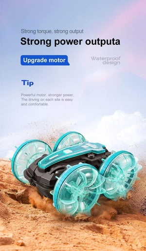 Planet Gates New LED Amphibious RC car Dual remote control waterproof stunt car double side flip drift drive 360 ° rotation rc cars Kids toy