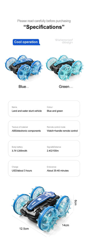 Planet Gates New LED Amphibious RC car Dual remote control waterproof stunt car double side flip drift drive 360 ° rotation rc cars Kids toy