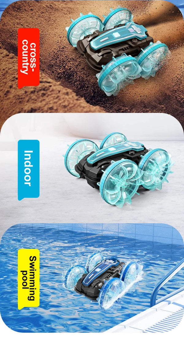 Planet Gates New LED Amphibious RC car Dual remote control waterproof stunt car double side flip drift drive 360 ° rotation rc cars Kids toy