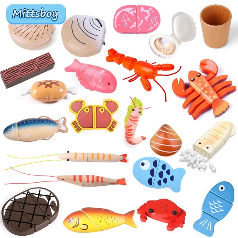 Planet Gates New Montessori Simulation Animal Magnetic Play House Fish Shrimp Crab Shell Seasoning Sashimi Baking Toy Wooden Educational Toys