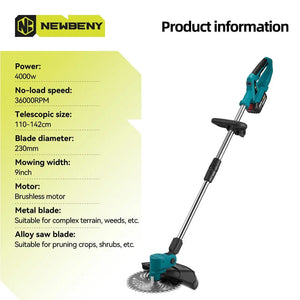 Planet Gates NEWBENY 9 Inch Brushless Electric Lawn Mower Digital Display Cordless Rechargeable Garden Weeding Tools For Makita 18V Battery