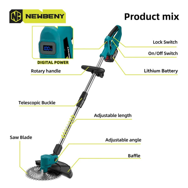 Planet Gates NEWBENY 9 Inch Brushless Electric Lawn Mower Digital Display Cordless Rechargeable Garden Weeding Tools For Makita 18V Battery