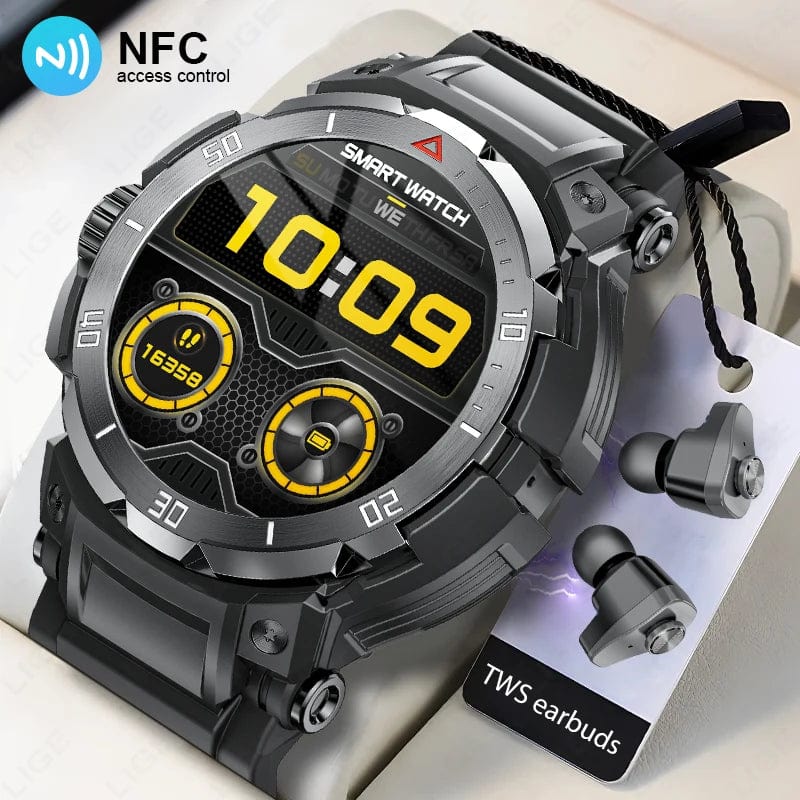Planet Gates NFC 2 In 1 Bluetooth Headset Smart Watch TWS Music Talk With Earbuds 4 Hours Of Strong Sound Effects Music Lover Men SmartWatch