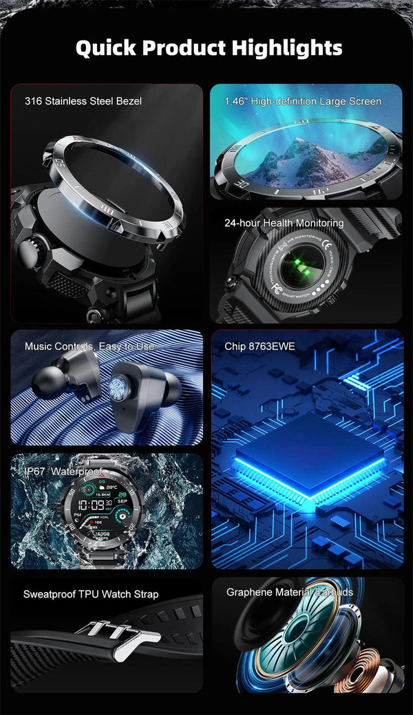 Planet Gates NFC 2 In 1 Bluetooth Headset Smart Watch TWS Music Talk With Earbuds 4 Hours Of Strong Sound Effects Music Lover Men SmartWatch