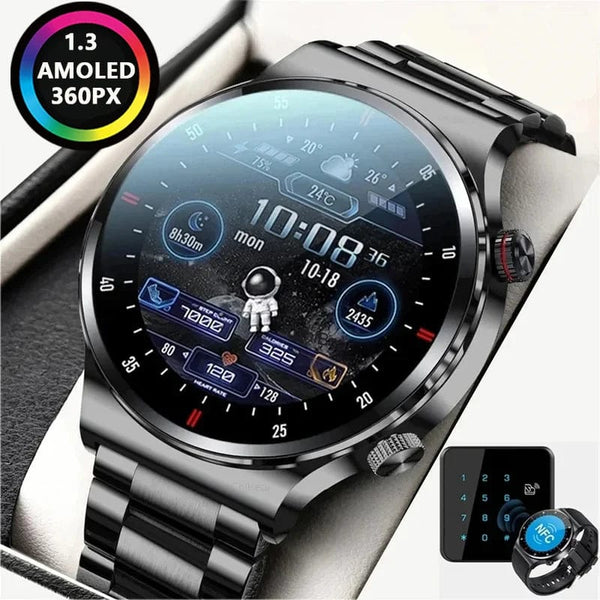 Planet Gates NFC access control / Single steel strip NFC Bluetooth Call Smart Watch Men Full Screen GPS Sports Bracelet Waterproof ECG Health Monitor SmartWatch for IOS Android 2024