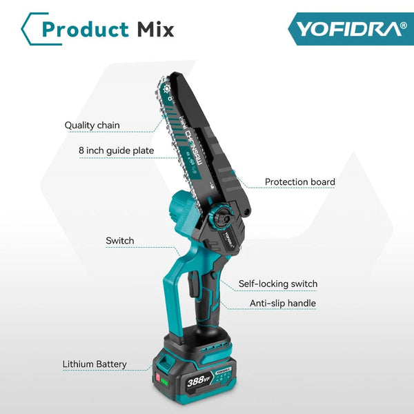 Planet Gates NO Battery / GERMANY YOFIDRA 8 Inch Brushless Electric Chainsaw Cordless Rechargeable Garden Woodworking Cutting Power Tools For Makita 18V Battery