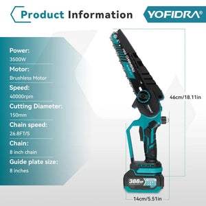 Planet Gates NO Battery / GERMANY YOFIDRA 8 Inch Brushless Electric Chainsaw Cordless Rechargeable Garden Woodworking Cutting Power Tools For Makita 18V Battery