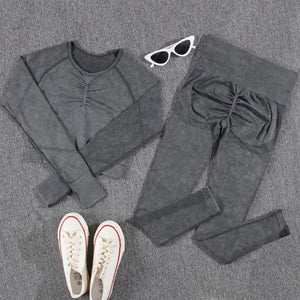 Planet Gates NORMOV 2Pcs Gym Women Sets Seamless Yoga Set High Waist Gym Sportwear Push Up Sport Workout Sets Fitness Long Sleeve Gym Suit