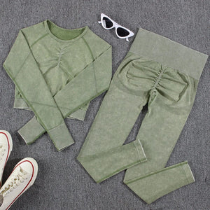 Planet Gates NORMOV 2Pcs Gym Women Sets Seamless Yoga Set High Waist Gym Sportwear Push Up Sport Workout Sets Fitness Long Sleeve Gym Suit