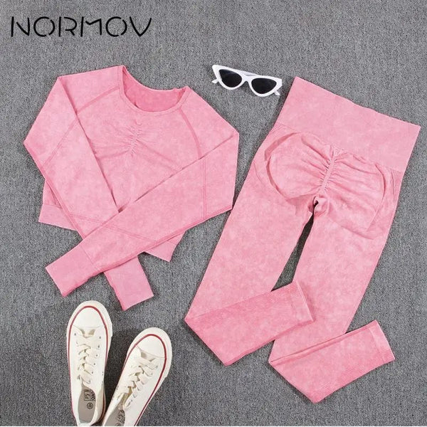 Planet Gates NORMOV 2Pcs Gym Women Sets Seamless Yoga Set High Waist Gym Sportwear Push Up Sport Workout Sets Fitness Long Sleeve Gym Suit