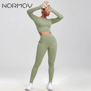 Planet Gates NORMOV 2Pcs Gym Women Sets Seamless Yoga Set High Waist Gym Sportwear Push Up Sport Workout Sets Fitness Long Sleeve Gym Suit