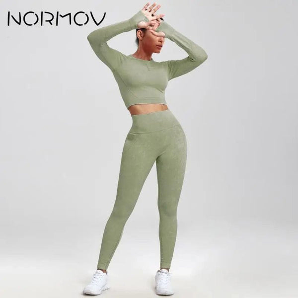Planet Gates NORMOV 2Pcs Gym Women Sets Seamless Yoga Set High Waist Gym Sportwear Push Up Sport Workout Sets Fitness Long Sleeve Gym Suit