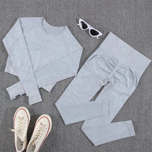 Planet Gates NORMOV 2Pcs Gym Women Sets Seamless Yoga Set High Waist Gym Sportwear Push Up Sport Workout Sets Fitness Long Sleeve Gym Suit