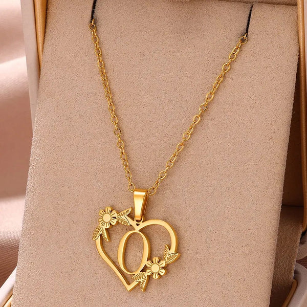 Planet Gates O / 45cm / CHINA Gold Color Dainty Flower Initials Necklace Women Girl Stainless Steel Heart Letter Choker Necklace Best Gifts Alphabet Jewelry