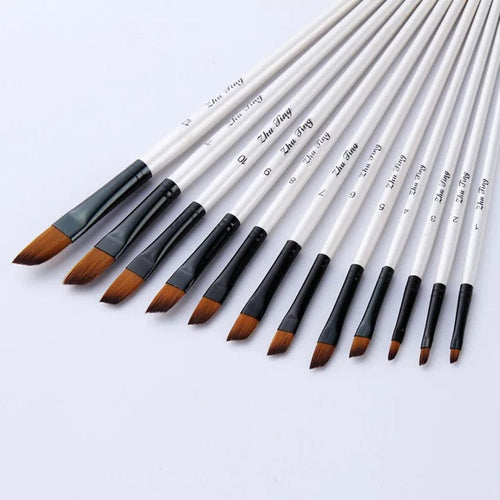 Planet Gates Oblique 12 Pcs/set Nylon Hair Wooden Handle Watercolor Paint Brush Pen Set Learning DIY Oil Acrylic Painting Art Paint Brushes Supplies