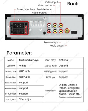 Planet Gates OD3-CAM003 1DIN 6.86 inch MP5 Wireless CarPlay Auto Car Intelligent System Multimedia Player Universal  FM Radio Stereo BT USB TF Autoradio