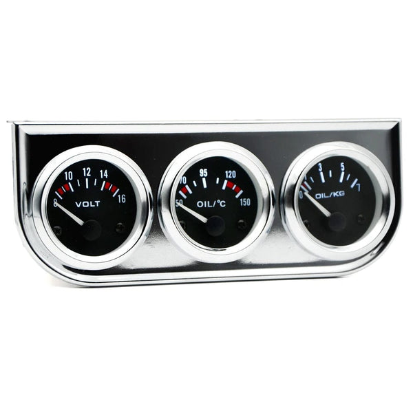 Planet Gates Oil Temp Oil Pressure Volt Gauge 52mm 3 in 1 Triple Gauge Kit Black/Chrome Bezel Black/White Face With Temp&Pressure Sensor