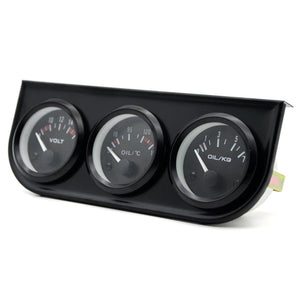 Planet Gates Oil Temp Oil Pressure Volt Gauge 52mm 3 in 1 Triple Gauge Kit Black/Chrome Bezel Black/White Face With Temp&Pressure Sensor