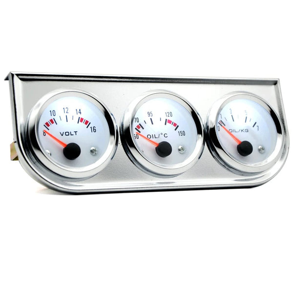 Planet Gates Oil Temp Oil Pressure Volt Gauge 52mm 3 in 1 Triple Gauge Kit Black/Chrome Bezel Black/White Face With Temp&Pressure Sensor