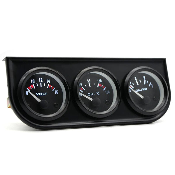 Planet Gates Oil Temp Oil Pressure Volt Gauge 52mm 3 in 1 Triple Gauge Kit Black/Chrome Bezel Black/White Face With Temp&Pressure Sensor