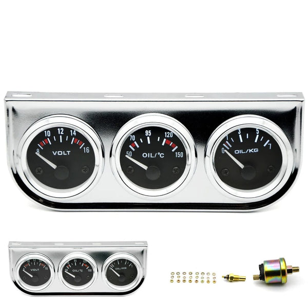 Planet Gates Oil Temp Oil Pressure Volt Gauge 52mm 3 in 1 Triple Gauge Kit Black/Chrome Bezel Black/White Face With Temp&Pressure Sensor