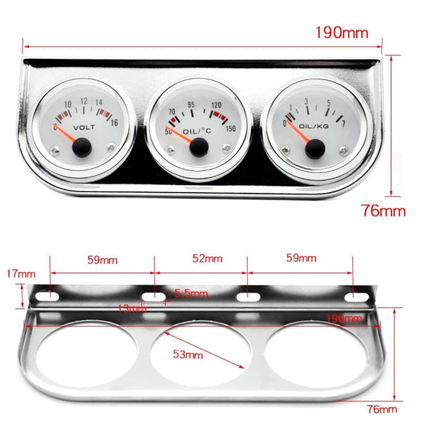 Planet Gates Oil Temp Oil Pressure Volt Gauge 52mm 3 in 1 Triple Gauge Kit Black/Chrome Bezel Black/White Face With Temp&Pressure Sensor