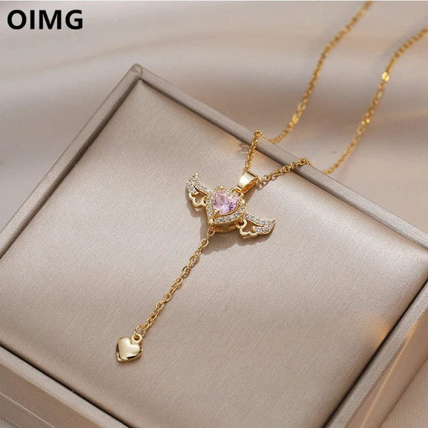 Planet Gates OIMG 316L Stainless Steel Gold Color Cupid Angel's Wings Pendant Necklace For Women Girls Clavicle Chain Party Jewelry Gift