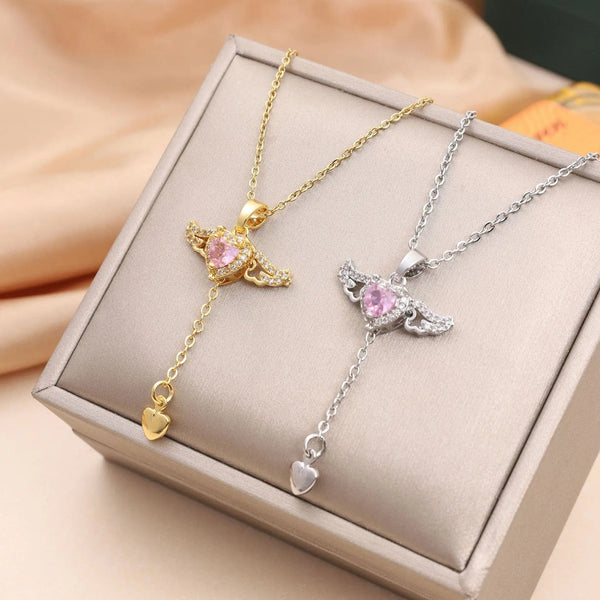 Planet Gates OIMG 316L Stainless Steel Gold Color Cupid Angel's Wings Pendant Necklace For Women Girls Clavicle Chain Party Jewelry Gift