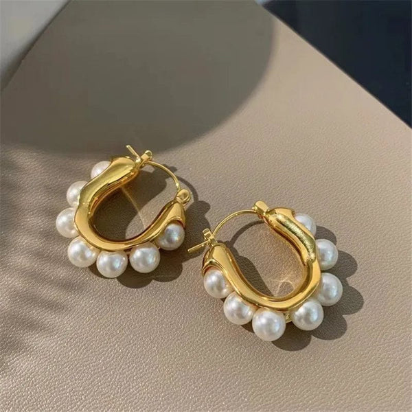 Planet Gates OIMG 316L Stainless Steel Gold Plated Temperament Gorgeous Imitation Pearl Hoop Earrings For Women Christmas Gift Waterproof