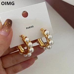 Planet Gates OIMG 316L Stainless Steel Gold Plated Temperament Gorgeous Imitation Pearl Hoop Earrings For Women Christmas Gift Waterproof