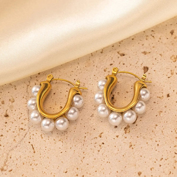 Planet Gates OIMG 316L Stainless Steel Gold Plated Temperament Gorgeous Imitation Pearl Hoop Earrings For Women Christmas Gift Waterproof