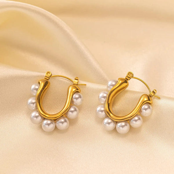 Planet Gates OIMG 316L Stainless Steel Gold Plated Temperament Gorgeous Imitation Pearl Hoop Earrings For Women Christmas Gift Waterproof