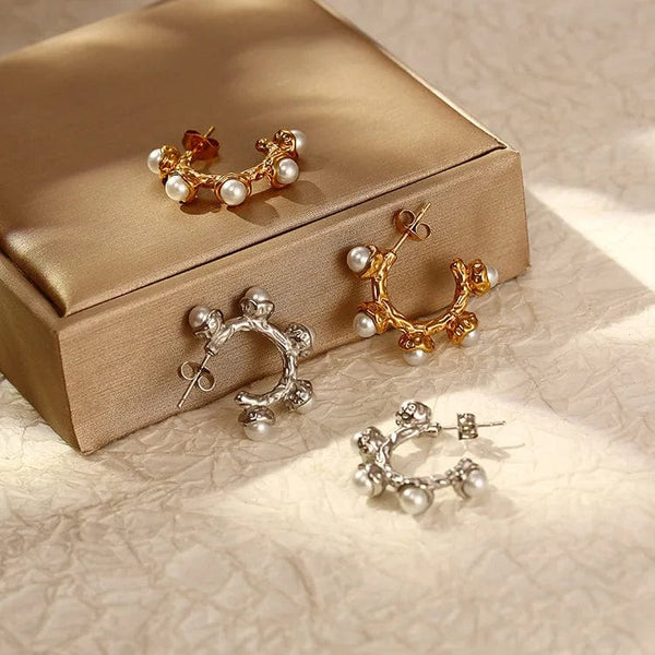 Planet Gates OIMG 316L Stainless Steel Gold Plated Temperament Gorgeous Imitation Pearl Hoop Earrings For Women Christmas Gift Waterproof