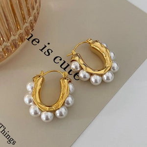 Planet Gates OIMG 316L Stainless Steel Gold Plated Temperament Gorgeous Imitation Pearl Hoop Earrings For Women Christmas Gift Waterproof