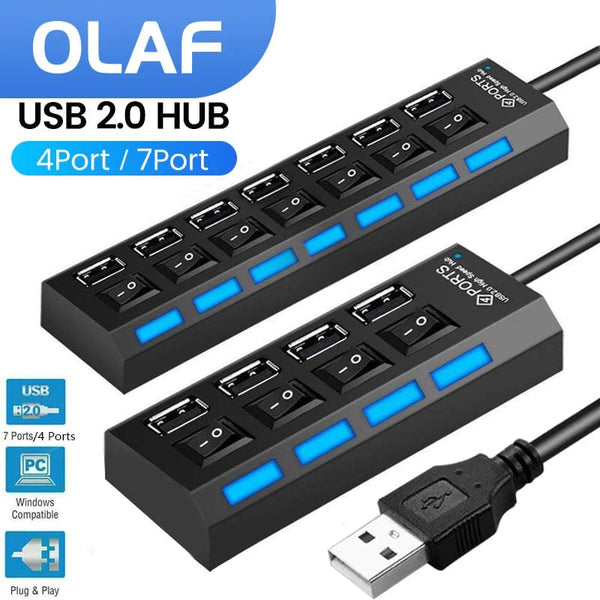 Planet Gates OLAF USB HUB 2.0 4/7 Port Multiple Expander USB 2.0 Hub with Switch Multi USB Splitter Hub Use Power Adapter Computer Accessorie