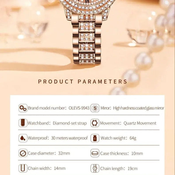 Planet Gates OLEVS Full Diamond Roman Dial Watch Women Luxury Elegant Stainless steel Waterproof High Quality Quartz Women's Watches 9943