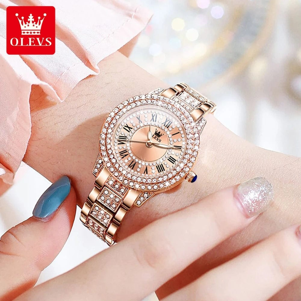 Planet Gates BRONZE OLEVS Full Diamond Roman Dial Watch Women Luxury Elegant Stainless steel Waterproof High Quality Quartz Women's Watches 9943