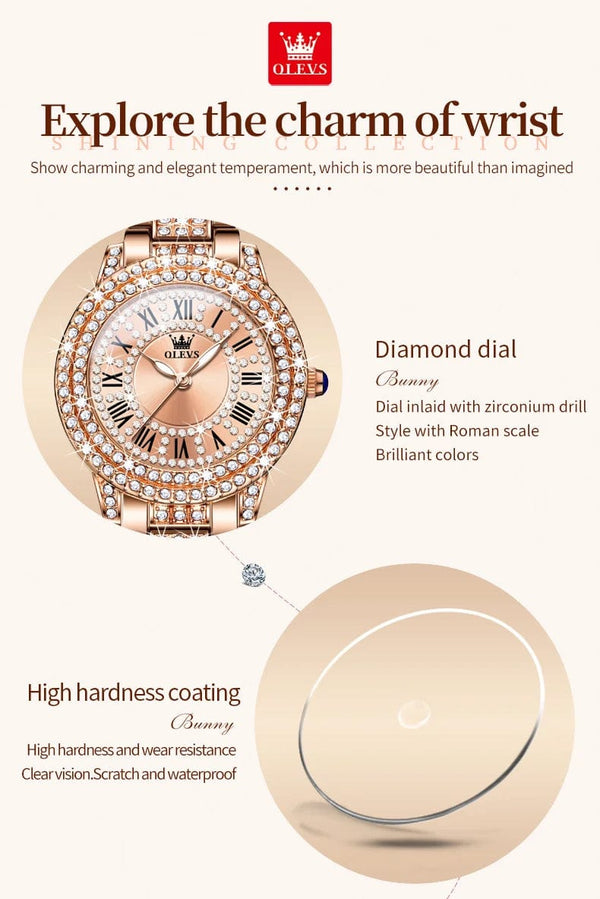 Planet Gates OLEVS Full Diamond Roman Dial Watch Women Luxury Elegant Stainless steel Waterproof High Quality Quartz Women's Watches 9943