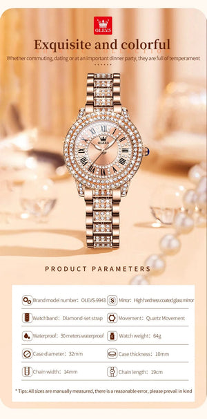 Planet Gates OLEVS Full Diamond Roman Dial Watch Women Luxury Elegant Stainless steel Waterproof High Quality Quartz Women's Watches 9943