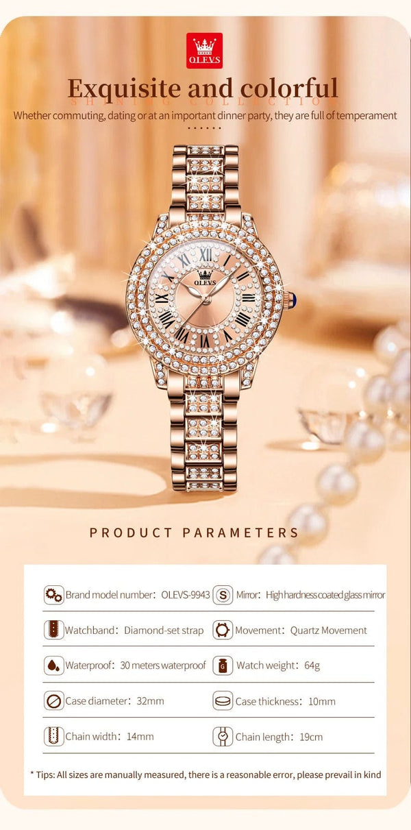 Planet Gates OLEVS Full Diamond Roman Dial Watch Women Luxury Elegant Stainless steel Waterproof High Quality Quartz Women's Watches 9943