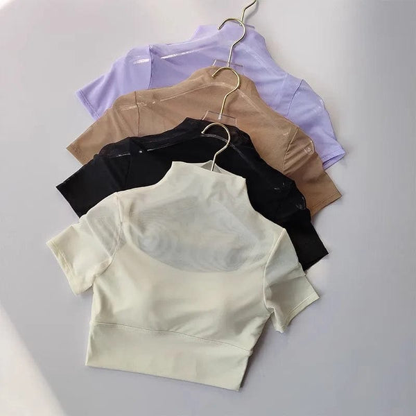 Planet Gates One Piece Cup with Chest Pad Mesh Short Sleeved Yoga Suit Training Tight Top Pilates Fitness Running Sports T-shirt Cloth