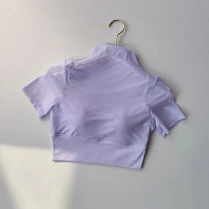 Planet Gates One Piece Cup with Chest Pad Mesh Short Sleeved Yoga Suit Training Tight Top Pilates Fitness Running Sports T-shirt Cloth