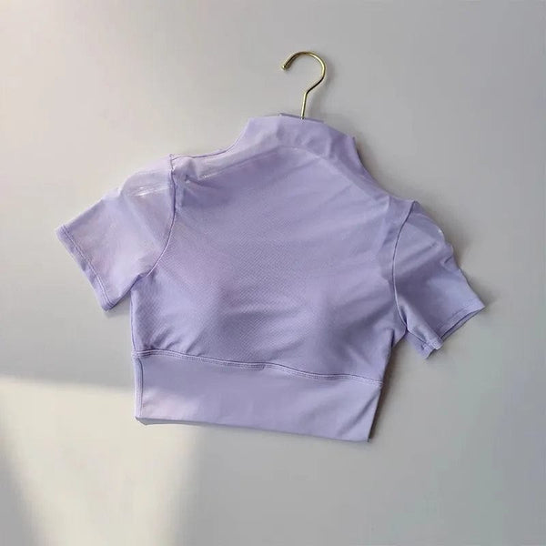 Planet Gates One Piece Cup with Chest Pad Mesh Short Sleeved Yoga Suit Training Tight Top Pilates Fitness Running Sports T-shirt Cloth