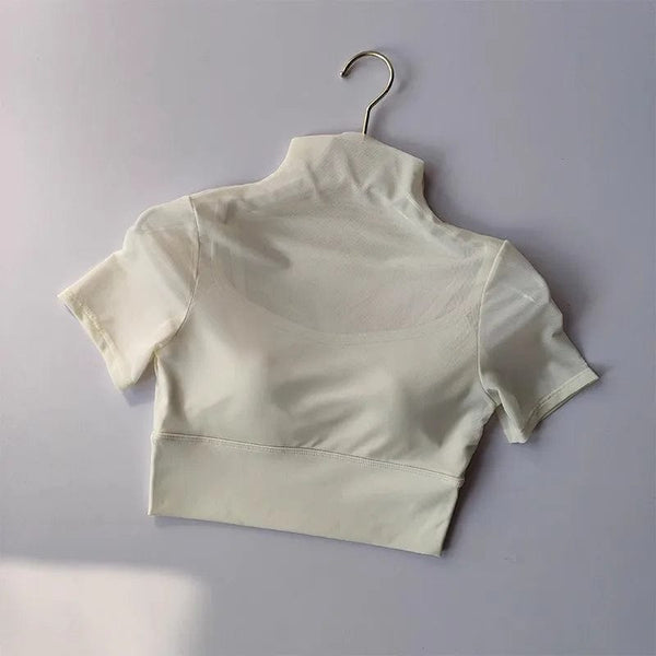 Planet Gates One Piece Cup with Chest Pad Mesh Short Sleeved Yoga Suit Training Tight Top Pilates Fitness Running Sports T-shirt Cloth