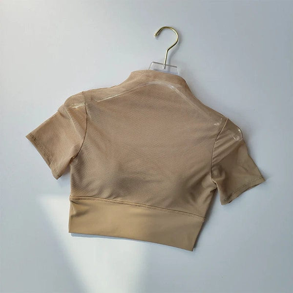 Planet Gates One Piece Cup with Chest Pad Mesh Short Sleeved Yoga Suit Training Tight Top Pilates Fitness Running Sports T-shirt Cloth