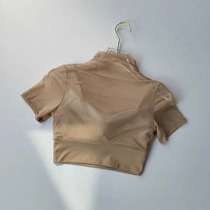 Planet Gates One Piece Cup with Chest Pad Mesh Short Sleeved Yoga Suit Training Tight Top Pilates Fitness Running Sports T-shirt Cloth